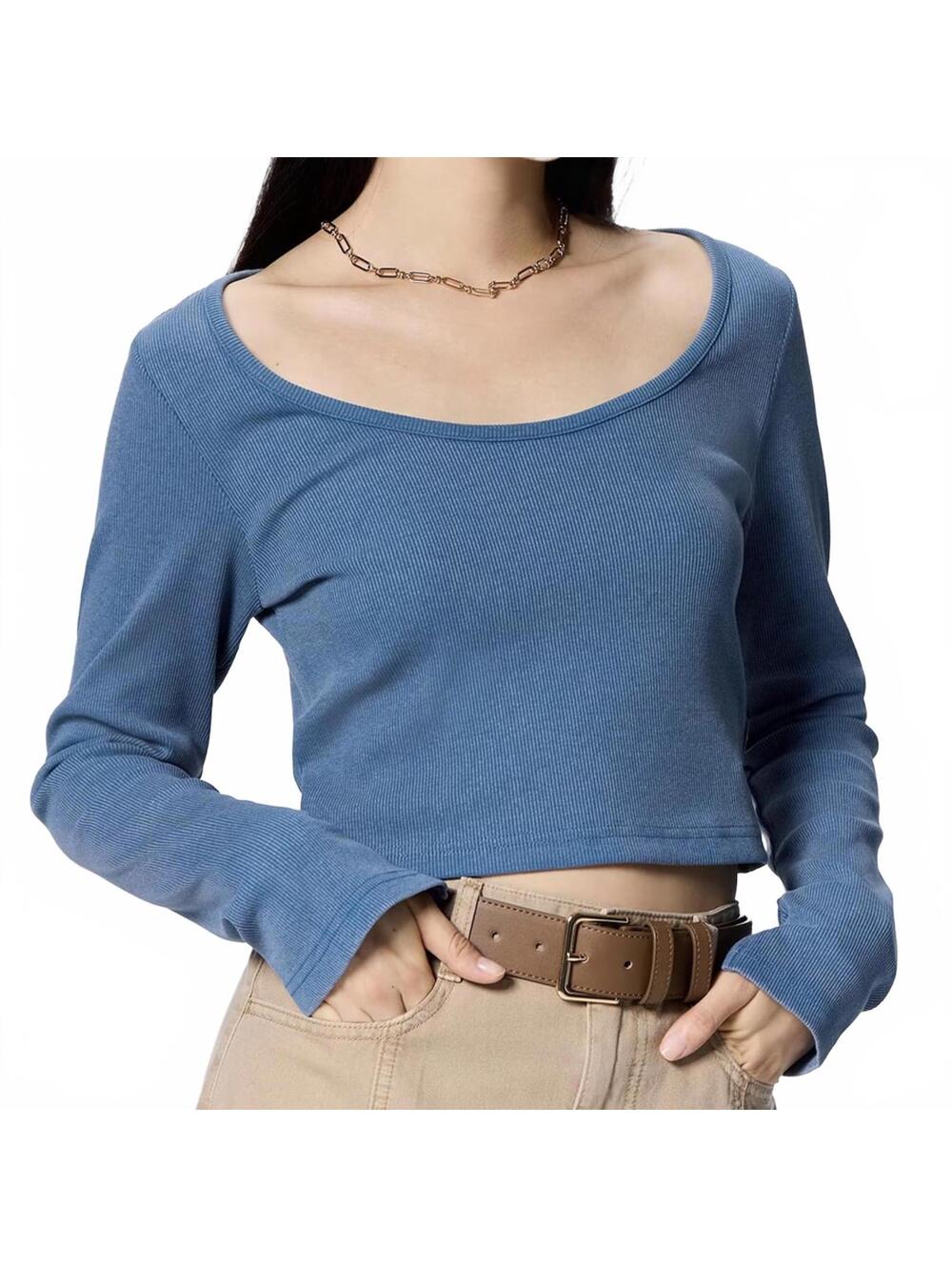 Uniqlo GU Washed Ribbed Cropped Long Sleeve T-Shirt Blue XS